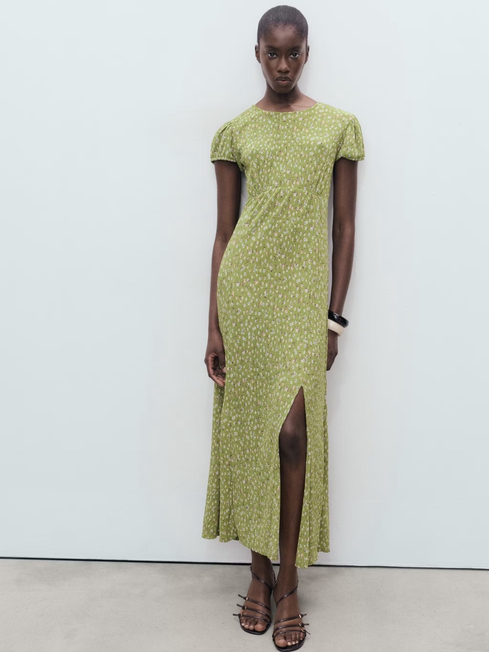 Mango Green printed dress with side opening NWT